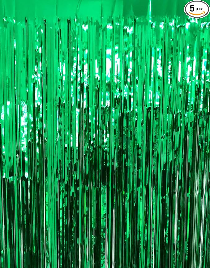 GOER 3.2 ft x 9.8 ft Metallic Tinsel Foil Fringe Curtains Party Photo Backdrop Party Streamers for St. Patrick's Day,Graduation,New Year Eve Decorations Christmas Wedding Decor (Green,5 Packs)