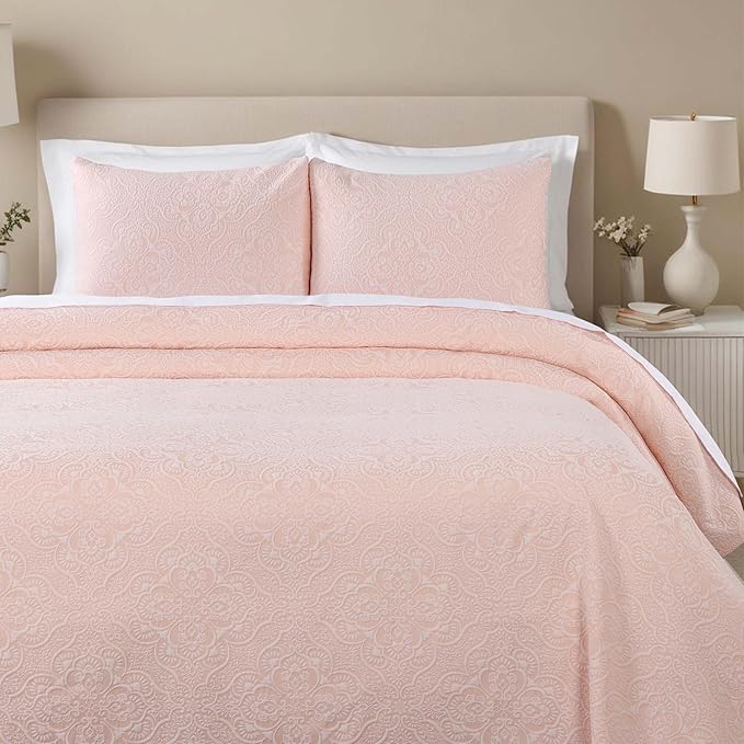 Superior 3 Piece Bedspread Set, Home Bed Decor, Decorative Bed Spread, 2 Pillow Shams, Medium Weight Blanket, Floral Matelasse Coverlet, Bedding Essentials, Enzy Collection, Queen, Peach