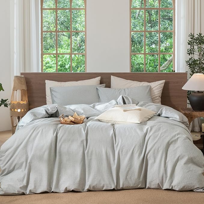 MooMee Striped Duvet Cover Set 100% Washed Cotton Linen Like Textured Breathable Durable Soft Comfy (Heathered Green Pinstripes, Super King 108"x98")
