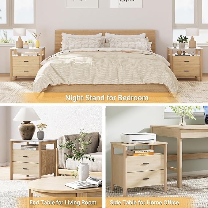 FavourLife Night Stand Set 2, 23" Nightstands Set of 2, Modern Nightstand with Charging Station & Faux Marble Top, 2 Drawer End Table with Solid Round Post Legs, Bedside Table for Bedroom, Natural Oak