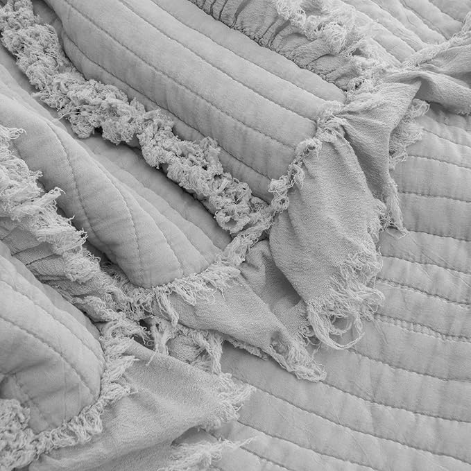 Ultra Soft Pre-Washed Quilted Boho Grey Queen Size Blankets for Bed, Ruffle Fringed Decorative Throw, Stone Washed Chic Rustic Blanket for Sofa Couch Bed, 90"*90"