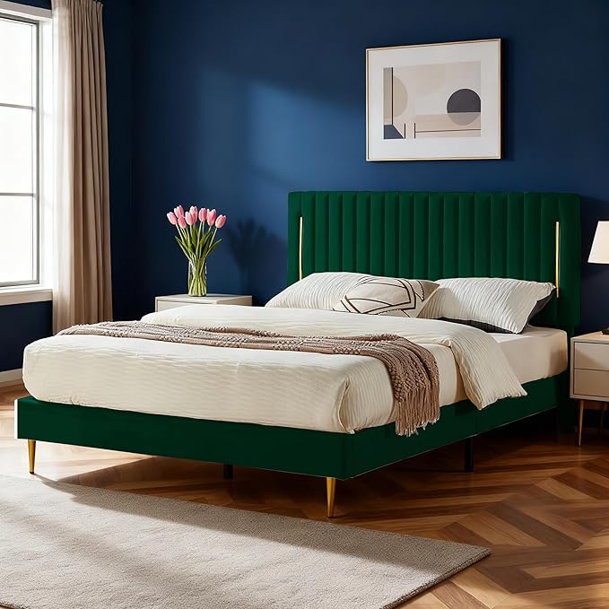 King Platform Bed Frame, Velvet Upholstered Bedframe with Vertical Channel Adjustable Headboard, Golden Plating Trim, Mattress Foundation with Wooden Slats, No Box Spring Needed, Green