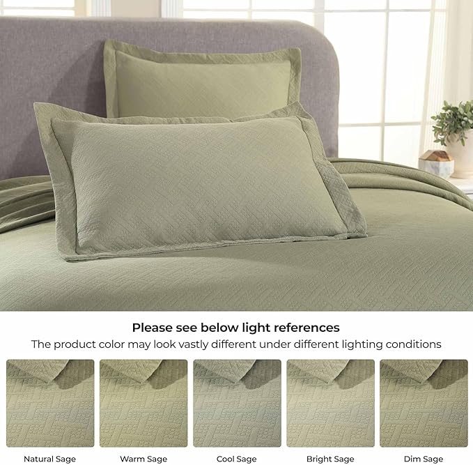 Superior 100% Cotton Basket Weave Bedspread with Shams, All-Season Premium Cotton Matelasse Jacquard Bedding, Quilted-Look Geometric Basket, Full, Sage