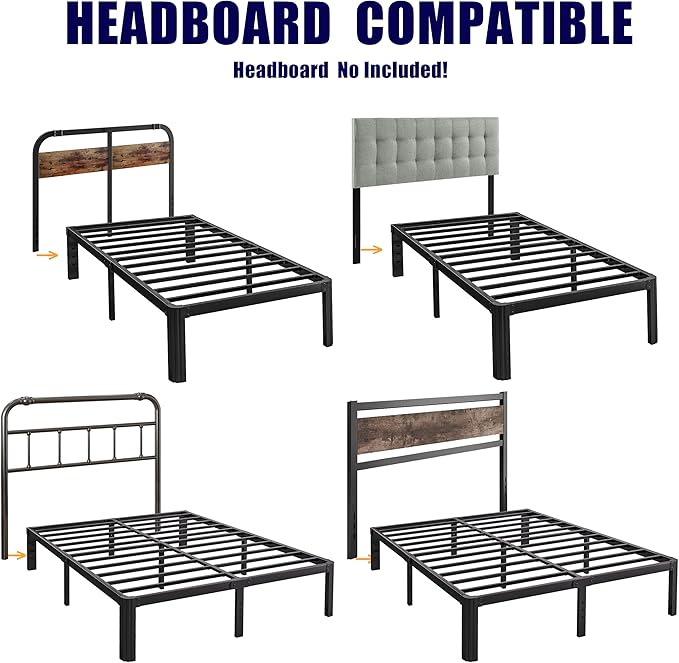 Hunlostten 18in High King Bed Frame No Box Spring Needed, Heavy Duty King Platform Bed Frame with Round Corners, Easy Assembly, Noise Free, Black