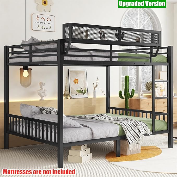 Upgraded & Stronger Heavy Duty Metal Queen Over Queen Bunk Bed for Adults & Teens, Thickened More Stable Safer Bunkbeds (Greater Weight Capacity) (Queen Over Queen-B)