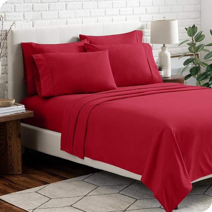 Bare Home Hotel Luxury Full Sheet Set, Extra Soft - 6 Piece Set - Deep Pockets - Easy Fit - Cooling & Breathable - Wrinkle, Fade, Stain Resistant - Includes 4 Pillowcases (Full, Red)