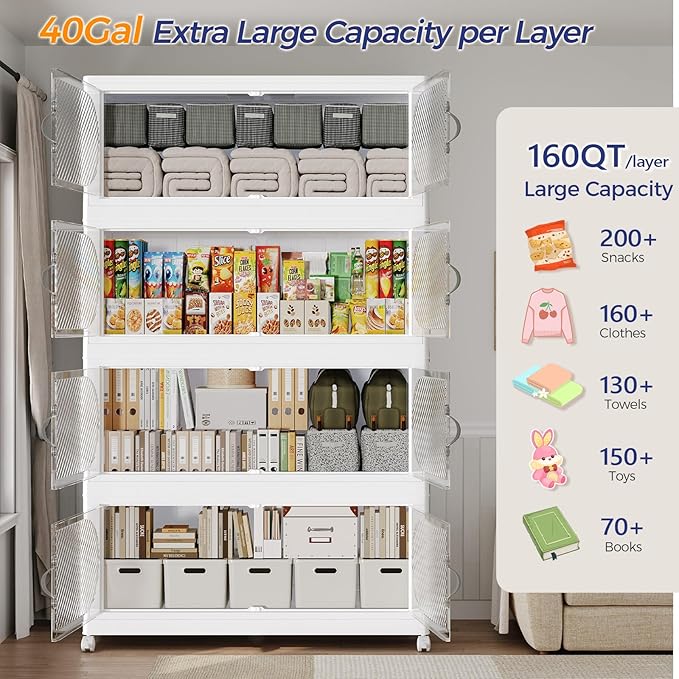 480QT Plastic Stackable Storage Bins with Lid, 120GAL Extra Large Collapsible Box with Wheels Clear Door, Foldable Closet Organizer Container Cabinet Drawer for Home Kitchen，3Pack, White