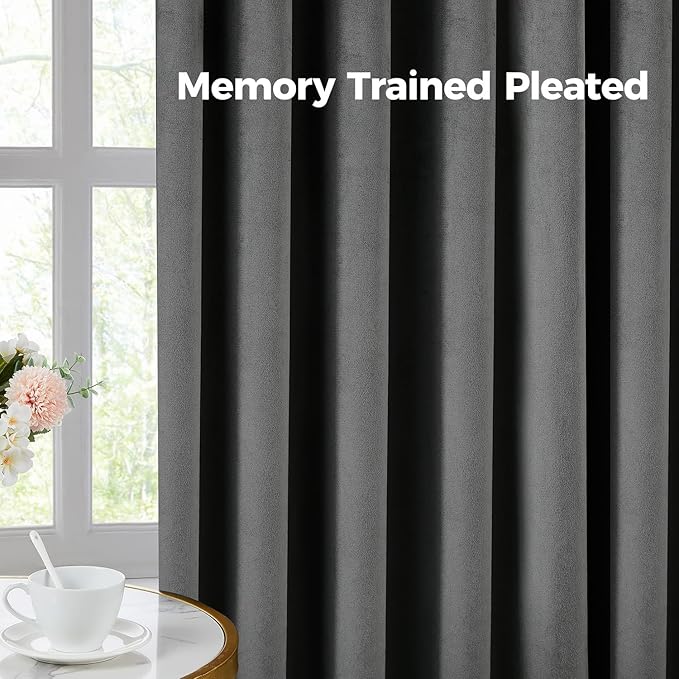 Pinch Pleated 100% Blackout Curtains for Bedroom, Grey Velvet Curtains for Living Room, Black Out Curtain 90 inch Long Room Darkening, Blackout Pinch Pleat Drapes with Hooks 2 Panels