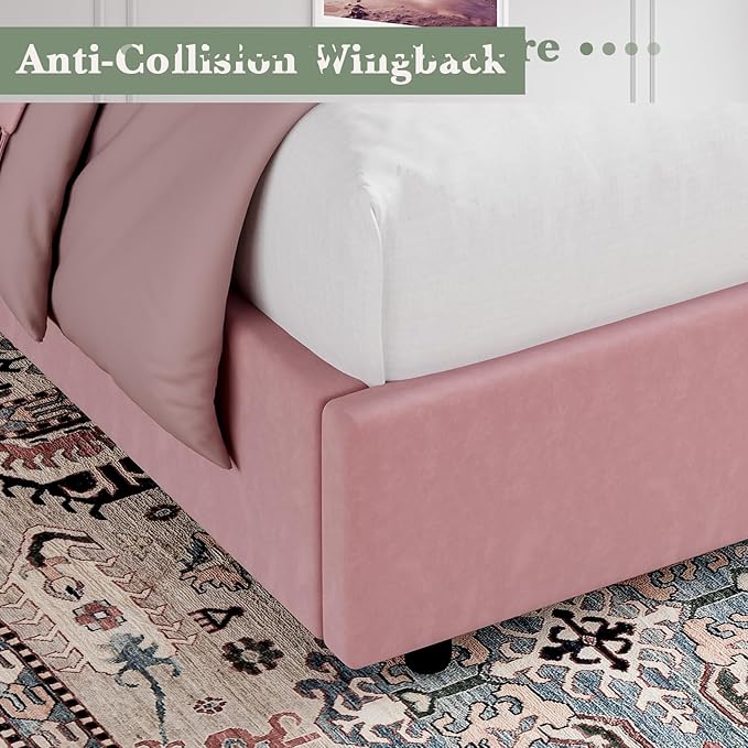 Full Bed Frame, Pink Velvet Upholstered Bed Frame Full with Headboard and Wide Wingback, Sturdy Wooden Slats Support, No Box Spring Required, Noise Free, Easy Assembly, Pink