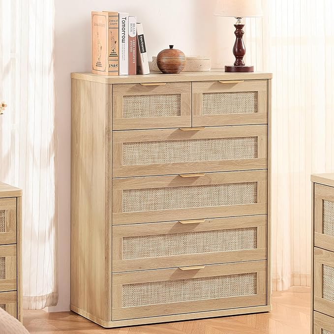 LEYAOYAO Rattan Dresser for Bedroom, 41" Tall Chest of Drawers, Modern 6 Drawers Boho Dressers with Storage, Light Oak Dresser Wooden Closet Organizer for Living Room, Hallway, Natural Wood