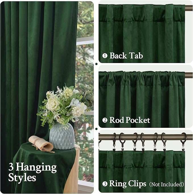 LAMIT Emerald Green Velvet Curtains 84 Inch for Living Room, Thermal Insulated Room Darkening Panels Noise Reducing Back Tab and Rod Pocket Christmas Drapes for Bedroom, 2 Panels, 52 x 84 Inch