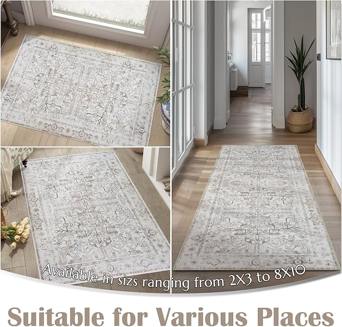 jinchan Lima 2x3 Washable Rug for Entryway - Vintage Floral Ultra-Thin Low Pile Soft Small Non Slip Distressed Indoor Door mat Accent Area Rug for Entrance Kitchen Bathroom Bedroom (2x3ft, Taupe)