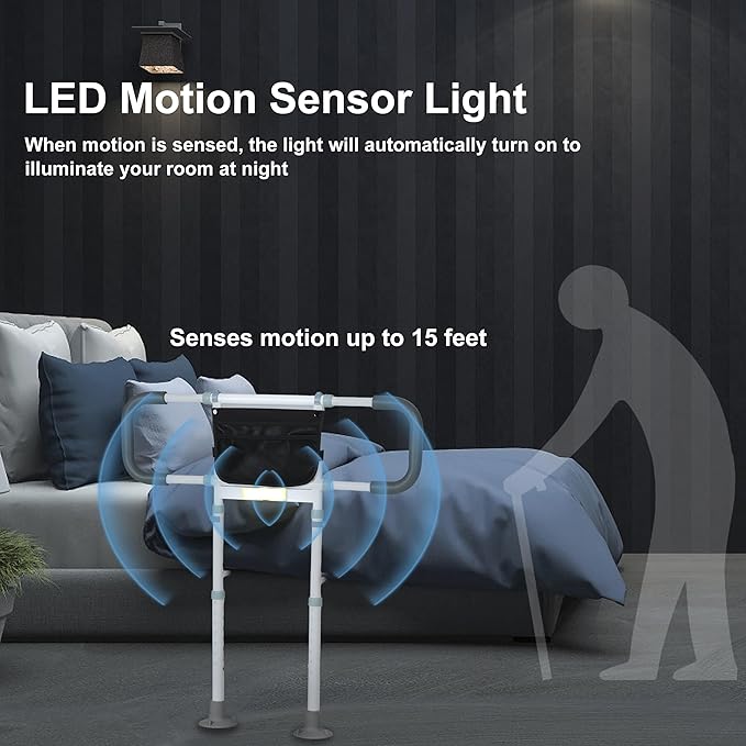 Bed Rails for Elderly Adults Safety - Elderly Assistance Products, Bedrails for Rlderly Adults Grab Bar Bed Handrails, Bed Rail with Pocket, Motion Sensor Light Fits King, Queen, Full, Twin (White)
