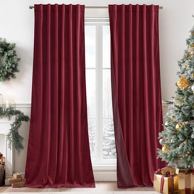 RYB HOME Burgundy Red Velvet Curtains for Christmas Decor, Soft Luxury Backdrops for Studio Theater, Back Tab Design for Bedroom Living Room, 52" W x L96 L, 2 Panels Set
