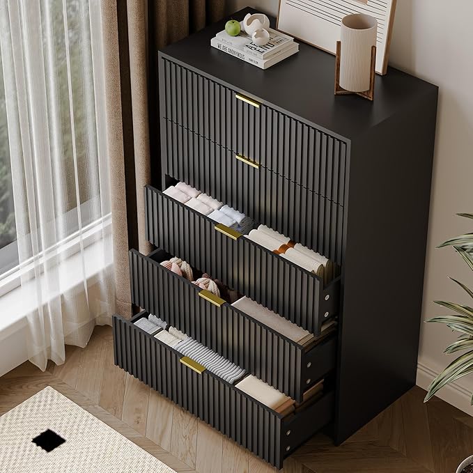 3-Piece Dresser Bedroom Set, 5 Drawer Dresser & 2 Drawer Nightstands with Gold Handles, Fluted Wood Chest of Drawers for Bedroom, Living Room, Entryway, Black