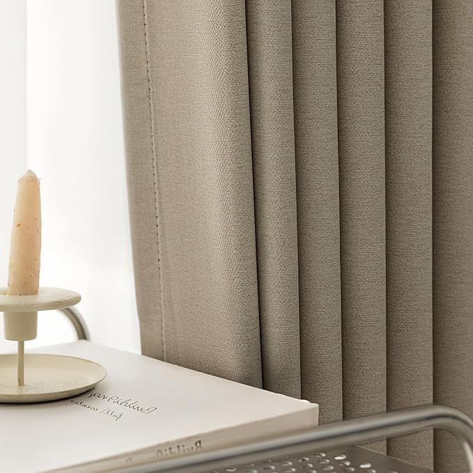 100% Blackout Curtains 102 inch Length 2 Panels for Living Room, Linen-Look Textured Room Darkening Thermal Insulated Noise Reduction Farmhouse Drapes for Bedroom (W52xL102, Taupe)