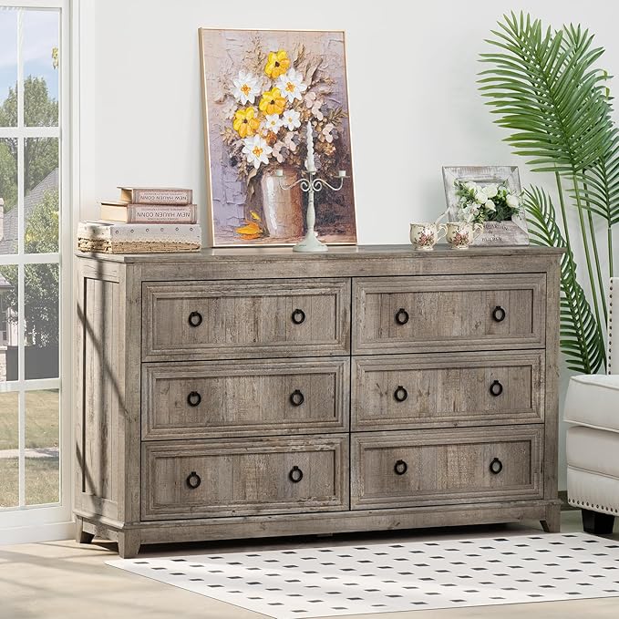 Bedroom Dresser and Nightstand Sets 4 Piece, Farmhouse 6 Drawers Dresser & 40.5" Tall Chest of Drawers, 18" Nightstands Set of 2, 54" Wide Furniture Dressers for Bedroom, Living Room, Grey