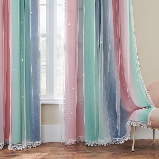 XiDi Curtains for Bedroom Decor, Rainbow Pinkgreen grey52/54