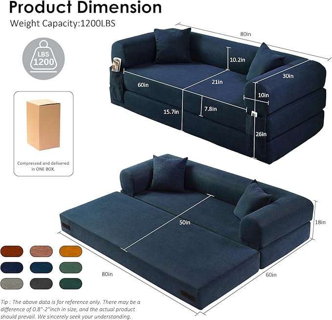 80" Convertible Sofa Bed, 3-in-1 Corduroy Folding Pull Out Couch with Pillows, No Assembly Modern Boneless Couch Compression Sofa in Box, Floor Sofa with Side Storage Pocket for Living Room,Navy Blue