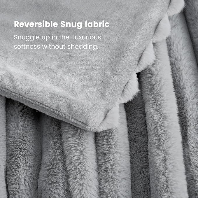Cozy Bliss Faux Fur Throw Blanket for Couch, Cozy Warm Plush Striped Blanket for Sofa Bedroom Living Room, 90 * 90 Inches Gray