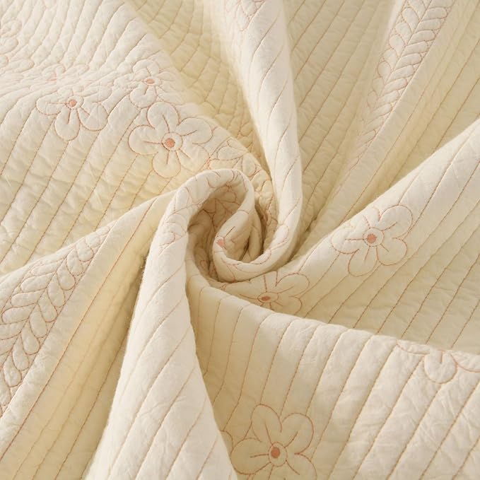 MarCielo 100% Cotton Quilt Set Lightweight Bedspread with Scalloped Edge, Farmhouse Vintage Bedding, All Season Use(Tu Beige,Queen (98"x102"))