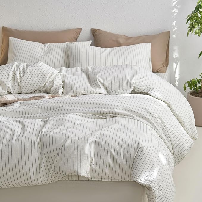 MooMee Striped Duvet Cover Set 100% Washed Cotton Linen Like Textured Breathable Durable Soft Comfy (White Sage Green Wide Stripes, Palatial King/Oversized King 120"x98")