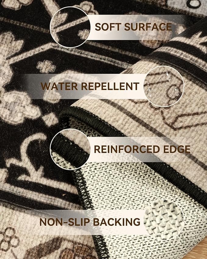 Area Rugs 7ft Washable Non-Slip, Floral Vintage Distress Print Pattern Medallion Carpet for Living Room Bedroom Dining Room, Black Brown Neutral Dark Tan