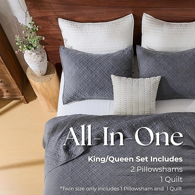 King Quilt Set with Shams Lightweight Quilted Bedspread Coverlet Thin Comforter Bed Cover Vintage Washed Quilted Blanket for All Season, Brushed Microfiber Diamond Stitching, Ash Gray, 104"x92"