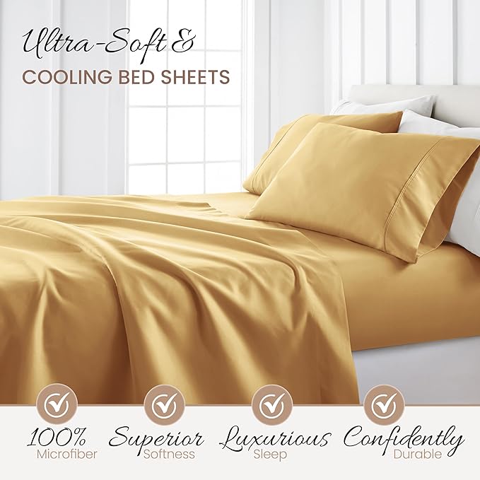 Linen Market Brushed Microfiber Twin XL Sheet Set 3 Piece – Oeko-TEX Certified Ultra Soft & Wrinkle-Free - 16" Deep Pocket Sheets - Easy Care Twin XL Size - Gold