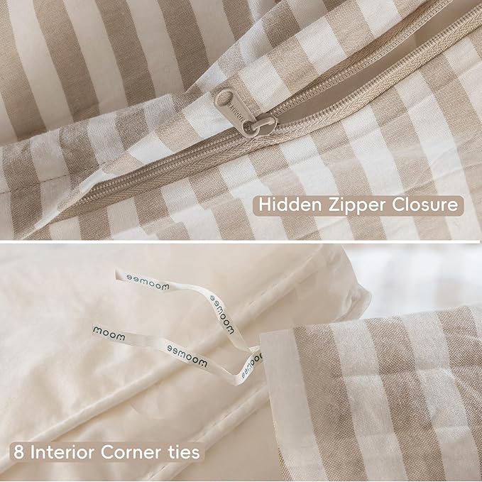 MooMee Striped Duvet Cover Set 100% Washed Cotton Linen Like Textured Breathable Durable Soft Comfy (Tannish Linen Grey White Classic Stripes, Full 80"x90")