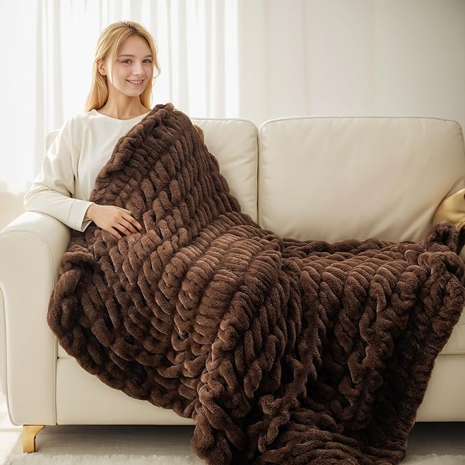 BATTILO HOME Chocolate Brown Faux Fur Throw Blanket for Couch, Double Side Reversible Ruched Rabbit Fur Blanket for Couch, Bed, Super Soft Cozy Warm Mink Blanket, 50x60 Inches