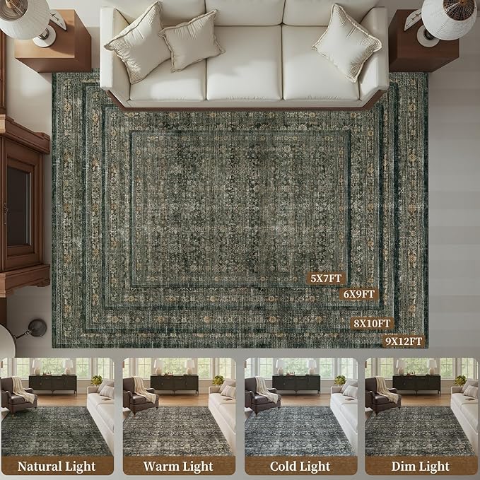 MontVoo-Vintage Area Rug 5X7 Green Rugs for Living Room-Soft Distressed Printed Rugs for Bedroom-Non Slip Carpet-Machine Washable Rug for Dining Room Living Room Bedside Office