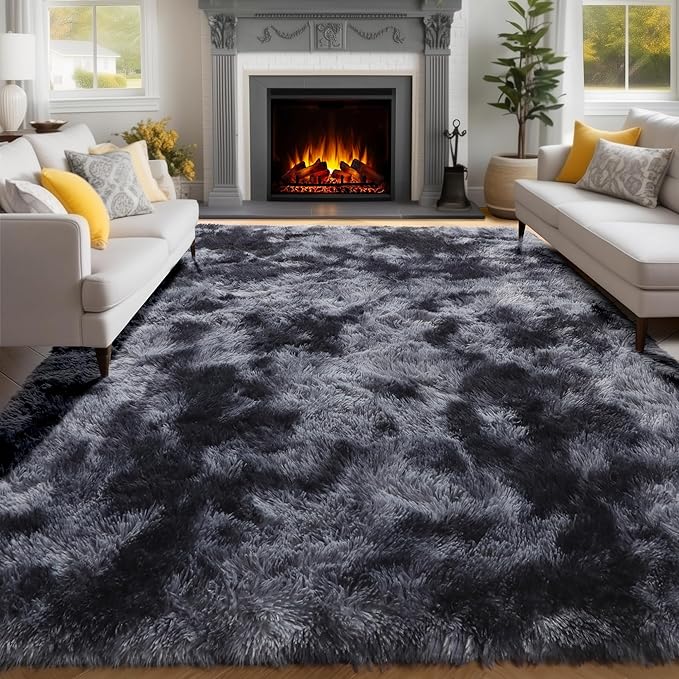 PAGISOFE Abstract Shaggy Area Rug 4' x 6' Plush Furry Rugs for Living Room, Tie-Dyed Dark Grey Soft Fluffy Rugs for Bedroom Grils Boys, Fuzzy Rug for Nursery, Dorm. Shag Carpet for Kids Room Decor