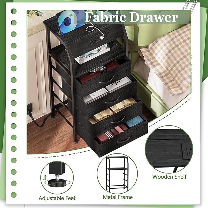 Furnulem Night Stand with Charging Station, 4 Drawer Dresser with Storage Shelf, 33.3 Inch Tall Side Table, Fabric End Table for Closet, Entryway, Bedside Furniture, 3 Ways to Use, Black Oak