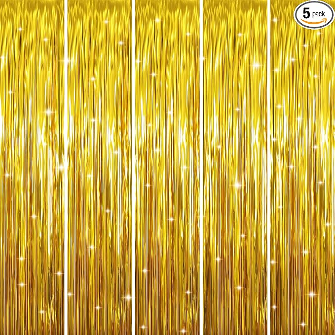 GOER 3.2 ft x 9.8 ft Metallic Tinsel Foil Fringe Curtains Party Photo Backdrop Party Streamers for Birthday,Graduation,New Year Eve Decorations Wedding Decor (Gold,5 pcs)