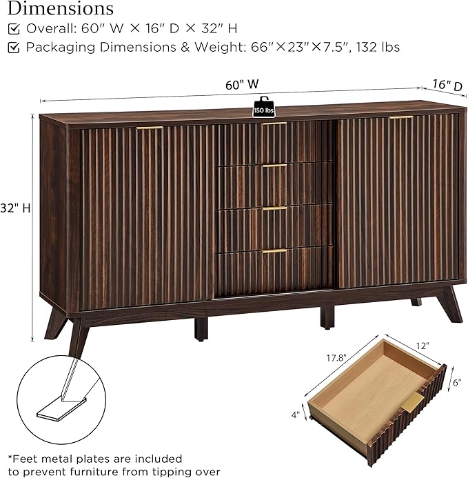 T4TREAM Fluted Buffet Cabinet, 60" Modern Sideboard with Sliding Doors & 4 Drawers, Coffee Bar Table with Storage, Curved Profile Design for Dining Room, Living Room, Dark Walnut