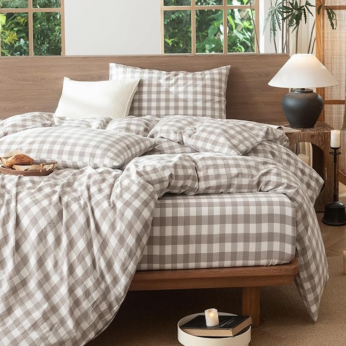 MooMee Gingham Duvet Cover Set 100% Washed Cotton Linen Like Textured Breathable Durable Soft Comfy Modern Checkered Design (Buffalo Plaid Tannish Linen Grey, Palatial King/Oversized King 120"x98")