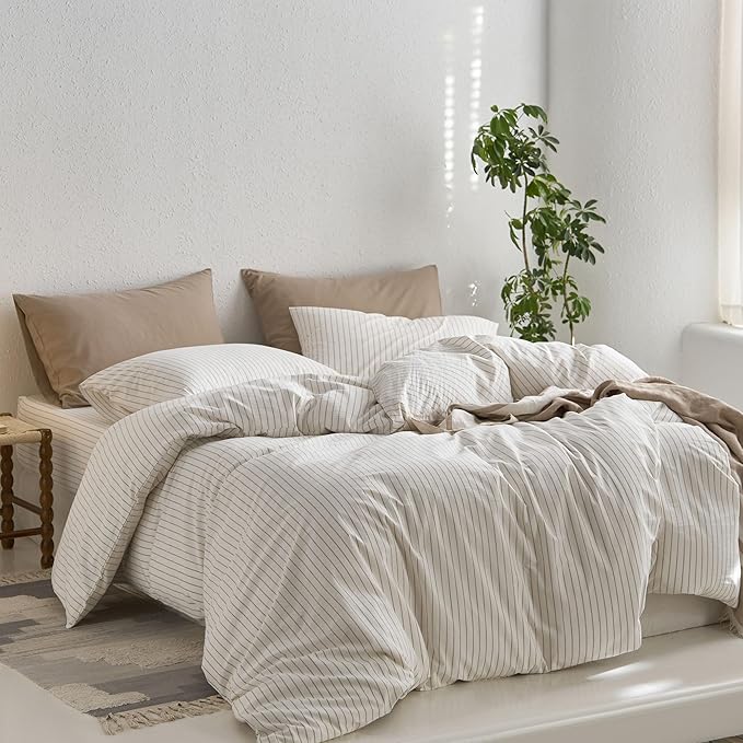 MooMee Striped Duvet Cover Set 100% Washed Cotton Linen Like Textured Breathable Durable Soft Comfy (White Tannish Linen Grey Wide Stripes, Alaska King 132"x120")