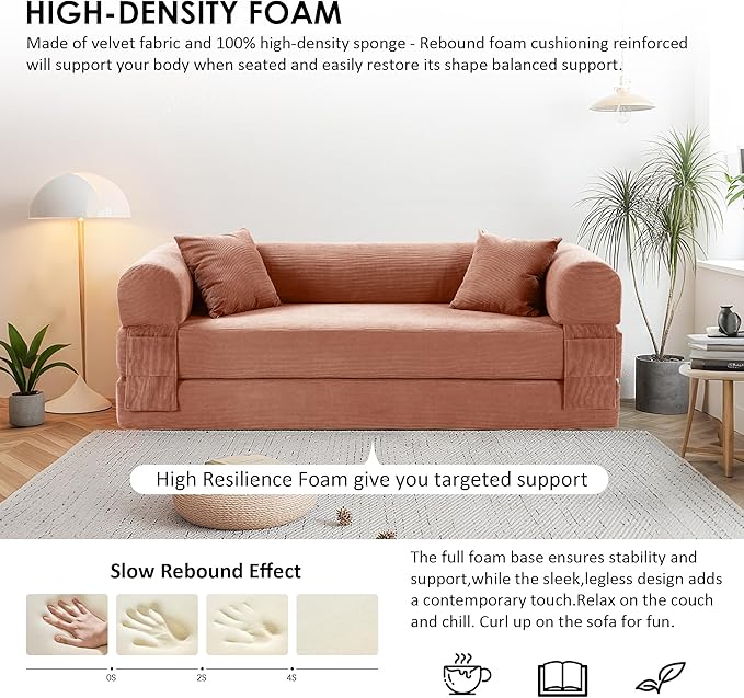 80" Convertible Sofa Bed, 3-in-1 Corduroy Folding Pull Out Couch with Pillows, No Assembly Modern Boneless Couch Compression Sofa in Box, Floor Sofa with Side Storage Pocket for Living Room,Pink