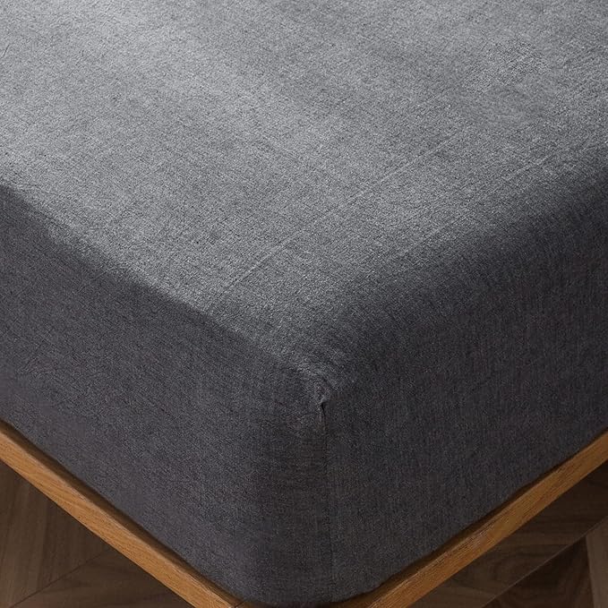 MooMee Fitted Bottom Sheet Only 100% Washed Cotton Linen Like Textured Breathable Durable Soft Comfy Deep Pocket Fits Mattress up to 17" (Dark Grey, Twin)
