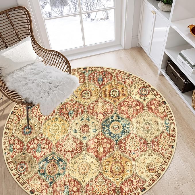 Lahome Moroccan Trellis Washable Round Area Rug, Round Rug 5ft Soft Non-Slip, Non-Shedding Distressed Circle Carpet for Bedroom Living Room Bathroom Nursery Kitchen, Red/Orange