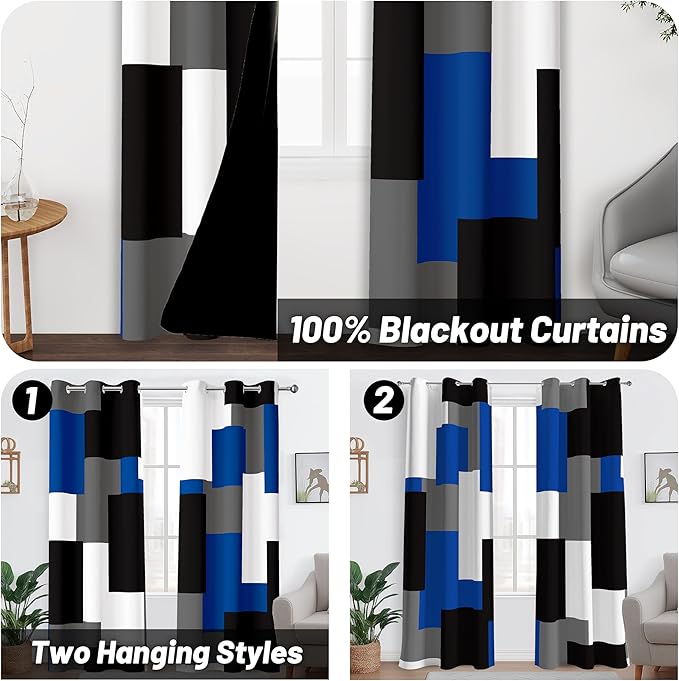 Blue Gray 100% Blackout Curtains for Bedroom 63 inch Length 2 Panels Set White Grey Modern Abstract Geometric Black Out Curtains Insulated Room Darkening Window Drapes for Living Room, 42Wx63L