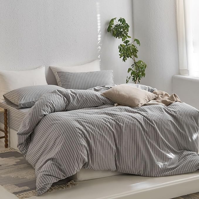 MooMee Striped Duvet Cover Set 100% Washed Cotton Linen Like Textured Breathable Durable Soft Comfy (Light Grey White Wide Stripes, Alaska King 132"x120")