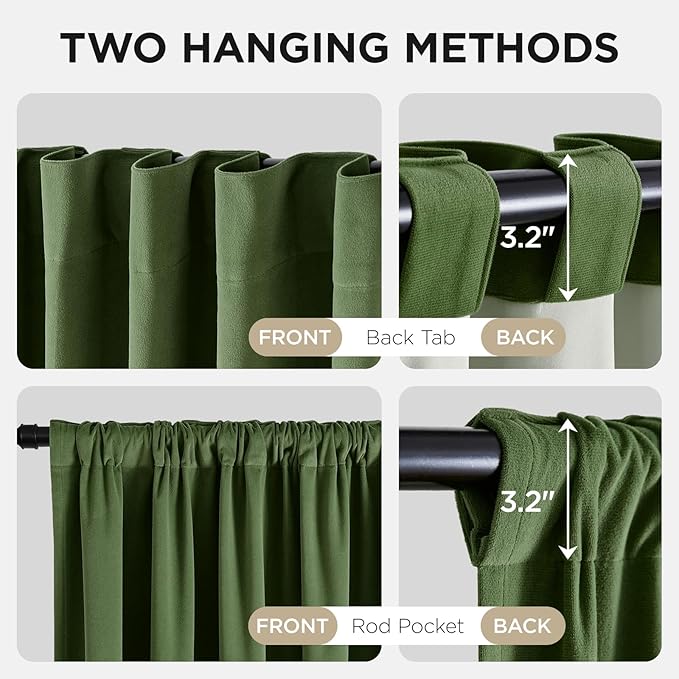 Joydeco Olive Green 100% Blackout Curtains 84 Inch 2 Panels, Luxury Thermal Green Velvet Curtains for Bedroom Living Room, Soundproof Blackout Window Drapes, Rod Pocket & Back Tab (52W x 84L)