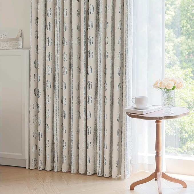100% Boho Blackout Curtains 84 Inches Long for Bedroom, Blue on Beige Patterned Bohemian Curtains for Living Room, Geometric Striped Thermal Insulated Window Drapes Gromment Top 2 Panels
