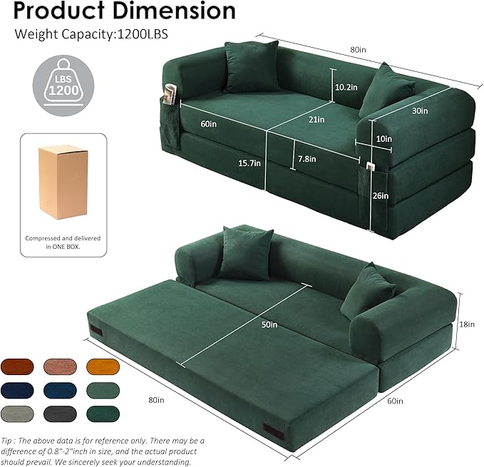 80" Convertible Sofa Bed, 3-in-1 Corduroy Folding Pull Out Couch with Pillows, No Assembly Modern Boneless Couch Compression Sofa in Box, Floor Sofa with Side Storage Pocket for Living Room,Dark Green