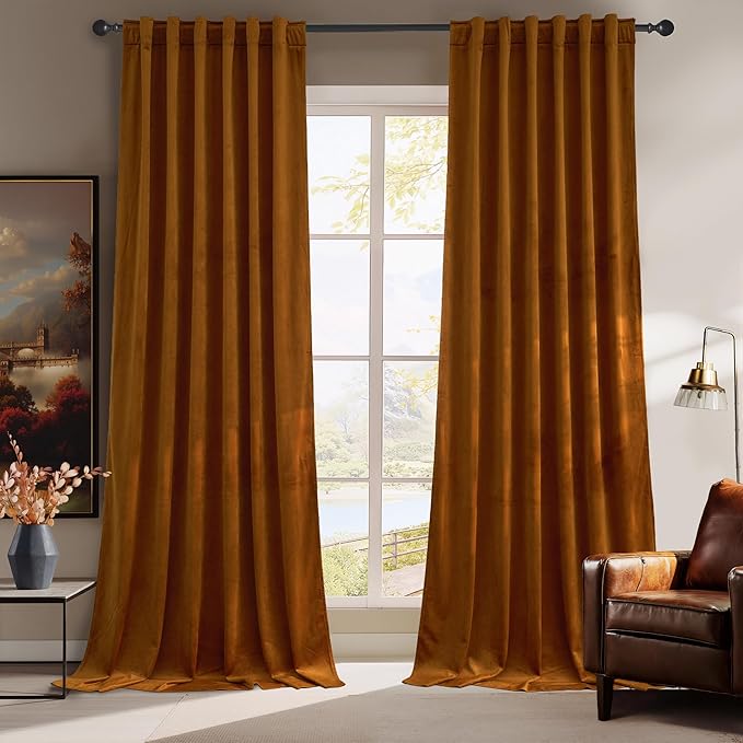 RYB HOME Plush Velvet Curtains, Heavy Duty Back Tab Decorative Window Drapes Privacy Room Darkening Covering for Living Room Playroom, Golden Oak, W52 x L108 inches, Set of 2 Panels