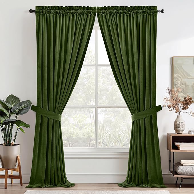 StangH Moss Green Curtains Velvet - Luxury Blackout Green Curtains for Holiday Decoration, Soft Thermal Window Treatments for Loft/Bedroom, W52 x L96, 2 Panels