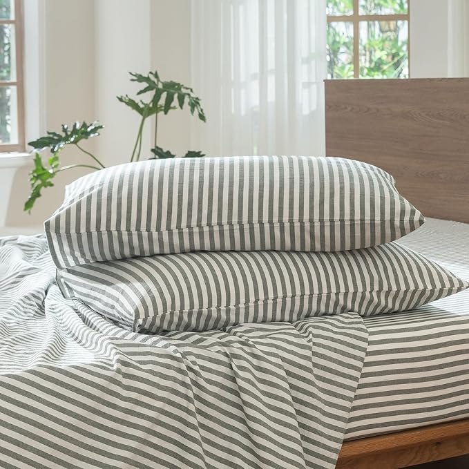 MooMee Striped Duvet Cover Set 100% Washed Cotton Linen Like Textured Breathable Durable Soft Comfy (Heathered Green Classic Stripes, Oversized Full 82"x86")