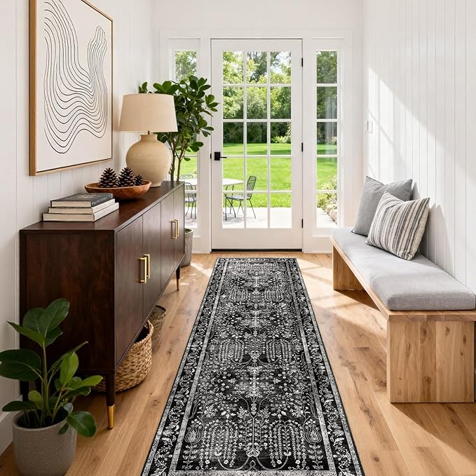 3x6 Runner Rugs for Hallways: Kitchen Runner Non Slip Washable Rug with Rubber Backing Stain Resistant Carpet Low Pile Floral Rugs for Bedroom Bathroom Laundry Living Room Black White 3x6